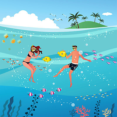 나무 구름 여자 남자 수영복 바다 일러스트 물놀이 갈매기 사람 성인 두명 여름 여름휴가 바캉스 야자수 바닷속 스노클링 해초 열대어 해파리 성인만 물고기떼 국내일러스트 AI파일 자연요소 식물 옷 계절 놀이 조류 휴가 어류 수중 수상스포츠 해조류 자포동물 파일형식 벡터 여름_계절