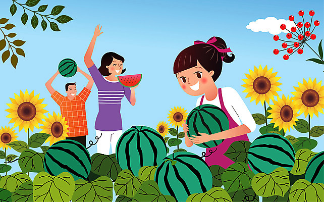 구름 여자 남자 딸 어린이 일러스트 가족 엄마 나뭇잎 해바라기 여름음식 수박 들기 사람 소녀 성인 세명 여름 여름휴가 바캉스 부모 수확 아빠 즐거움 수박밭 제철과일 국내일러스트 AI파일 자연요소 계절 꽃 감정 음식 잎 밭 농업 과일 관계 모션 휴가 제철 파일형식 벡터 여름_계절