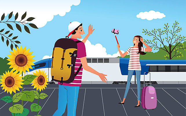 나무 구름 여자 남자 여행 가방 일러스트 배낭 나뭇잎 해바라기 들기 사람 성인 두명 여름 여름휴가 바캉스 스마트폰 캐리어 인사 역 셀프카메라 기차여행 셀카봉 성인만 국내일러스트 AI파일 자연요소 식물 잡화 계절 꽃 잎 교통시설 모션 휴가 핸드폰 스마트기기 여행가방 사진촬영 예절 파일형식 벡터 여름_계절