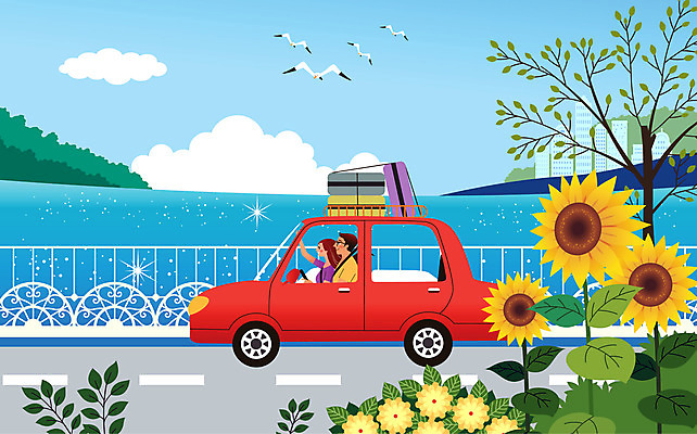 나무 구름 여자 남자 꽃 호수 바다 여행 가방 일러스트 자동차 갈매기 휴가 나뭇잎 해바라기 사람 성인 두명 여름 여름휴가 바캉스 강 운전 성인만 국내일러스트 AI파일 자연요소 식물 잡화 계절 육상교통 잎 모션 조류 파일형식 벡터 여름_계절