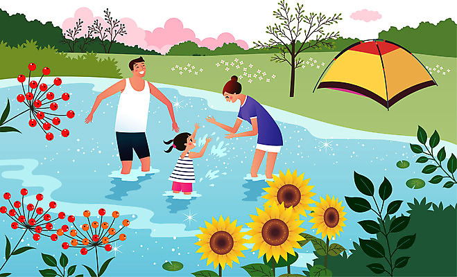 나무 구름 여자 남자 딸 호수 어린이 일러스트 가족 물놀이 엄마 나뭇잎 해바라기 텐트 사람 소녀 성인 세명 여름 여름휴가 바캉스 부모 캠핑 아빠 국내일러스트 AI파일 자연요소 식물 계절 꽃 잎 관계 놀이 레저 휴가 캠핑도구 파일형식 벡터 여름_계절