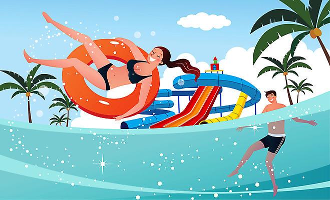 나무 구름 여자 남자 수영복 일러스트 물놀이 사람 성인 두명 여름 여름휴가 바캉스 야자수 즐거움 튜브 워터슬라이드 워터파크 성인만 국내일러스트 AI파일 자연요소 식물 옷 계절 감정 놀이 휴가 수영장 파일형식 벡터 여름_계절