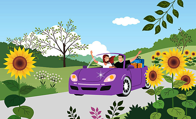 나무 여자 남자 꽃 여행 가방 일러스트 자동차 나뭇잎 해바라기 사람 성인 두명 여름 여름휴가 바캉스 손들기 드라이브 운전 드라이빙 성인만 국내일러스트 AI파일 식물 잡화 계절 육상교통 잎 모션 휴가 파일형식 벡터 여름_계절