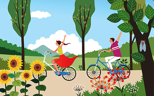 나무 구름 여자 남자 꽃 일러스트 해바라기 사람 성인 두명 여름 여름휴가 바캉스 손들기 자전거 산책 하이킹 매미 성인만 국내일러스트 AI파일 자연요소 식물 계절 곤충 모션 레저 휴가 휴식 바이크 파일형식 벡터 여름_계절