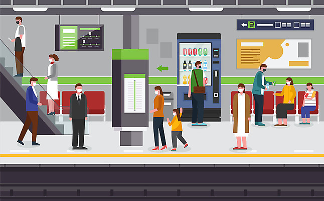 여자 남자 어린이 일러스트 광고판 마스크 사람 여러명 성인 보행자 전철 사회이슈 에스컬레이터 승객 전철역 자판기 코로나바이러스 사회적거리두기 생활방역 델타변이바이러스 국내일러스트 AI파일 육상교통 캠페인 다수 컨셉 대중교통 알림판 바이러스 역 판 방역 파일형식 벡터