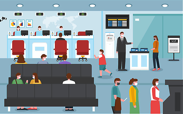 여자 남자 어린이 의자 일러스트 마스크 사람 여러명 성인 사회이슈 은행 은행업무 은행원 정수기 코로나바이러스 사회적거리두기 생활방역 델타변이바이러스 국내일러스트 AI파일 직업 캠페인 가구 다수 컨셉 금융 바이러스 은행_금융 방역 파일형식 벡터