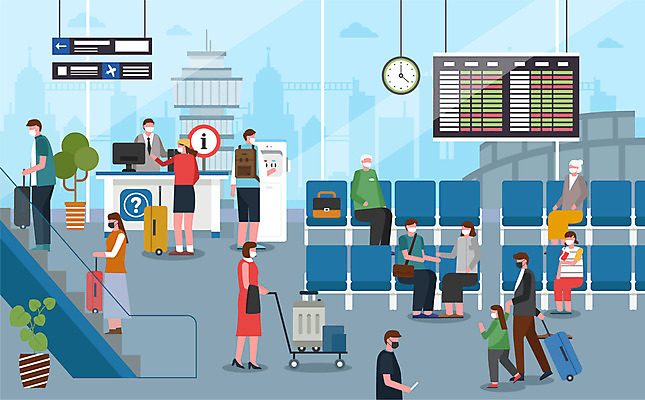 식물 여자 노년 남자 어린이 의자 일러스트 마스크 사람 여러명 성인 여행객 캐리어 공항 사회이슈 직원 에스컬레이터 안내원 안내표지판 정수기 코로나바이러스 사회적거리두기 생활방역 델타변이바이러스 국내일러스트 AI파일 직업 캠페인 가구 다수 컨셉 교통시설 여행가방 표지판 바이러스 방역 파일형식 벡터