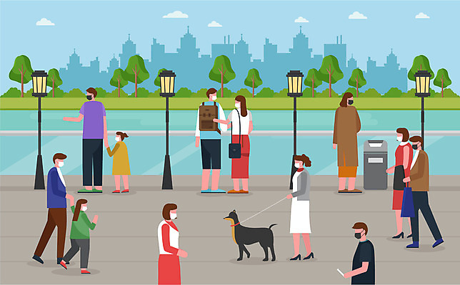 나무 공원 여자 남자 반려견 어린이 가로등 일러스트 마스크 사람 여러명 성인 조깅 산책 사회이슈 반려 코로나바이러스 사회적거리두기 생활방역 델타변이바이러스 국내일러스트 AI파일 식물 공공시설 캠페인 다수 컨셉 휴식 반려동물 운동 바이러스 개 방역 파일형식 벡터