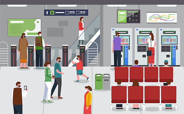 여자 남자 어린이 의자 일러스트 출입구 마스크 사람 여러명 성인 쓰레기통 사회이슈 승객 전철역 지하철노선도 티켓박스 코로나바이러스 사회적거리두기 생활방역 델타변이바이러스 국내일러스트 AI파일 캠페인 가구 다수 컨셉 상자 바이러스 역 노선도 방역 파일형식 벡터