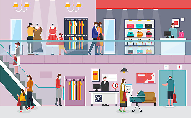 여자 남자 어린이 가방 일러스트 마스크 사람 여러명 성인 소파 쇼핑백 마네킹 쇼핑몰 프런트 계산대 사회이슈 고객 직원 화장실 옷가게 에스컬레이터 유모차 안내원 백화점 코로나바이러스 사회적거리두기 생활방역 스토어 델타변이바이러스 국내일러스트 AI파일 직업 잡화 옷 캠페인 다수 컨셉 의자 상점 아기용품 바이러스 방역 파일형식 벡터