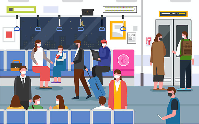 여자 남자 어린이 의자 일러스트 창문 마스크 사람 여러명 성인 전철 사회이슈 승객 코로나바이러스 사회적거리두기 생활방역 델타변이바이러스 국내일러스트 AI파일 육상교통 캠페인 가구 다수 컨셉 대중교통 바이러스 방역 파일형식 벡터