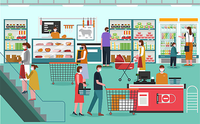 여자 남자 어린이 일러스트 마스크 사람 여러명 성인 쇼핑카 계산대 사회이슈 고객 직원 에스컬레이터 마트 유모차 슈퍼 정육점 코로나바이러스 사회적거리두기 생활방역 델타변이바이러스 국내일러스트 AI파일 캠페인 다수 컨셉 쇼핑 상점 카트 아기용품 바이러스 방역 파일형식 벡터