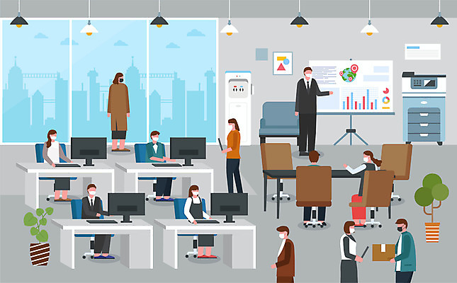 여자 남자 일러스트 회의 마스크 사람 여러명 성인 컴퓨터 사무실 직장인 비즈니스맨 비즈니스우먼 사회이슈 책상 직원 정수기 성인만 코로나바이러스 사회적거리두기 생활방역 델타변이바이러스 국내일러스트 AI파일 직업 캠페인 가구 다수 컨셉 비즈니스 전자제품 바이러스 방역 파일형식 벡터