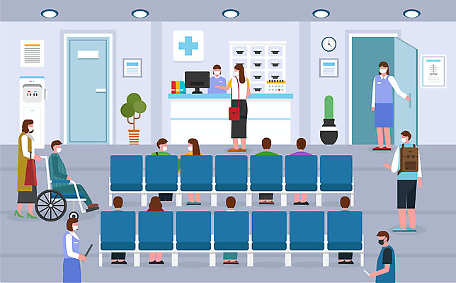 여자 남자 의자 일러스트 안내 병원 마스크 사람 여러명 성인 환자 간호사 기다림 사회이슈 휠체어 보호자 접수대 정수기 성인만 코로나바이러스 사회적거리두기 생활방역 델타변이바이러스 국내일러스트 AI파일 캠페인 가구 다수 컨셉 의학 모션 의료진 바이러스 방역 접수 파일형식 벡터