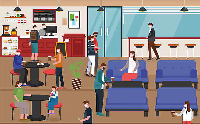 여자 남자 어린이 일러스트 마스크 사람 여러명 성인 소파 카페 종업원 계산대 사회이슈 메뉴판 주문 코로나바이러스 사회적거리두기 생활방역 델타변이바이러스 국내일러스트 AI파일 직업 캠페인 다수 컨셉 의자 상점 바이러스 방역 파일형식 벡터