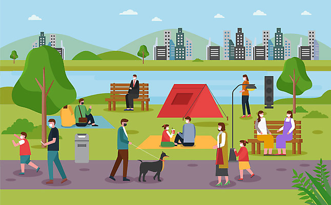 나무 공원 여자 남자 반려견 어린이 벤치 일러스트 텐트 마스크 사람 빌딩 여러명 성인 산책 사회이슈 돗자리 반려 코로나바이러스 사회적거리두기 생활방역 델타변이바이러스 국내일러스트 AI파일 식물 공공시설 캠페인 다수 컨셉 의자 휴식 캠핑도구 건물 반려동물 바이러스 개 방역 파일형식 벡터