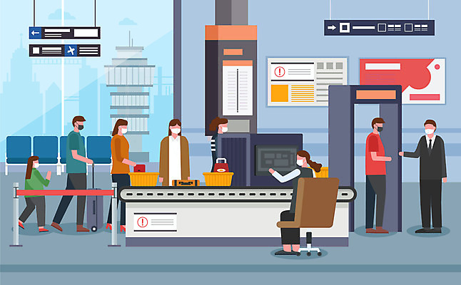 여자 남자 어린이 일러스트 광고판 마스크 사람 여러명 성인 캐리어 짐 표지판 공항 사회이슈 직원 보안 검색대 코로나바이러스 사회적거리두기 생활방역 델타변이바이러스 국내일러스트 AI파일 캠페인 다수 컨셉 교통시설 알림판 안전 여행가방 바이러스 판 방역 파일형식 벡터