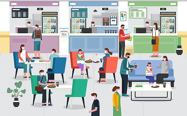 여자 남자 어린이 음식 일러스트 탁자 마스크 사람 여러명 성인 소파 식당 식사 먹기 사회이슈 직원 메뉴 코로나바이러스 사회적거리두기 생활방역 델타변이바이러스 국내일러스트 AI파일 캠페인 가구 다수 컨셉 의자 모션 상점 바이러스 방역 파일형식 벡터