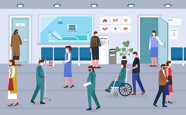 여자 남자 일러스트 병원 마스크 사람 여러명 성인 환자 간호사 복도 사회이슈 휠체어 보호자 정수기 성인만 코로나바이러스 사회적거리두기 생활방역 델타변이바이러스 국내일러스트 AI파일 캠페인 다수 컨셉 의학 의료진 바이러스 방역 파일형식 벡터