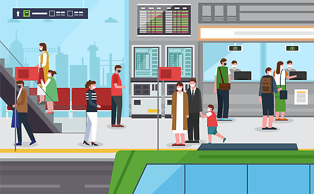 여자 남자 어린이 의자 일러스트 버스 마스크 사람 여러명 성인 보행자 버스정류장 사회이슈 직원 에스컬레이터 승객 버스터미널 키오스크 코로나바이러스 사회적거리두기 생활방역 델타변이바이러스 국내일러스트 AI파일 육상교통 캠페인 가구 다수 컨셉 대중교통 바이러스 역 방역 터미널 파일형식 벡터