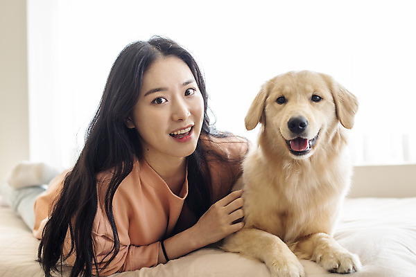 포토 JPG 전신 한마리 여자 반려견 엎드리기 실내 한명 20대 성인 앞모습 반려동물 화목 한국인 침대 골든리트리버 강아지 즐거움 교감 반려 성인여자한명만 펫팸족 국내포토 동물 1 감정 뷰포인트 가구 컨셉 모션 사람 동양인 청년 내부 개 리트리버 신조어 여자한명만 성인여자만 파일형식