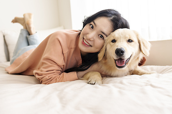 포토 JPG 전신 한마리 여자 반려견 엎드리기 실내 한명 미소 20대 성인 앞모습 반려동물 화목 한국인 침대 골든리트리버 강아지 즐거움 교감 반려 성인여자한명만 펫팸족 국내포토 동물 1 감정 뷰포인트 가구 컨셉 모션 표정 사람 동양인 청년 내부 개 리트리버 신조어 여자한명만 성인여자만 파일형식