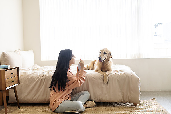 포토 JPG 전신 한마리 여자 반려견 실내 한명 앉기 20대 성인 옆모습 반려동물 화목 한국인 침대 골든리트리버 강아지 즐거움 교감 반려 성인여자한명만 펫팸족 국내포토 동물 1 감정 뷰포인트 가구 컨셉 모션 사람 동양인 청년 내부 개 리트리버 신조어 여자한명만 성인여자만 파일형식