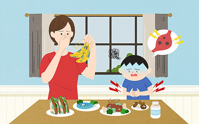 PSD 여자 남자 아들 어린이 일러스트 엄마 바나나 샌드위치 상반신 성인 두명 버섯 우유 위장 배탈 곰팡이 장염 국내일러스트 모자관계 음식 과일 가족 유제품 사람 장기_의학 질병 파일형식