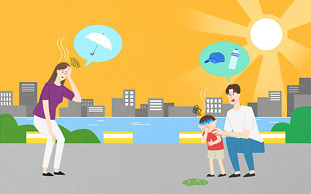 전신 PSD 모자 여자 남자 어린이 일러스트 세명 물 수분 양산 구토 빈혈 현기증 열사병 국내일러스트 자연요소 잡화 사람 질병 증상 파일형식