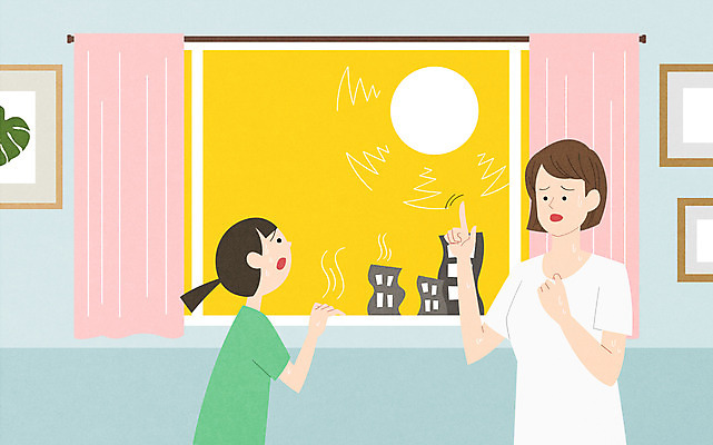 PSD 여자 딸 어린이 거실 일러스트 창문 모녀 엄마 상반신 성인 두명 태양 외출 일사병 여자만 국내일러스트 자연요소 가족 사람 질병 파일형식