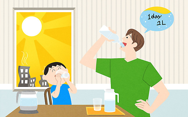 PSD 남자 아들 어린이 일러스트 상반신 성인 두명 물 마시기 아빠 물마시기 수분섭취 부자지간 남자만 육아대디 국내일러스트 자연요소 가족 모션 사람 파일형식