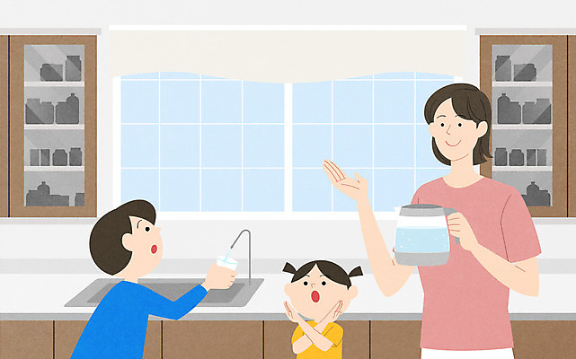 PSD 그릇 여자 남자 딸 아들 어린이 일러스트 창문 엄마 상반신 성인 세명 물 주방 싱크대 수돗물 끓이기 국내일러스트 자연요소 식기 가족 모션 사람 개수대 파일형식