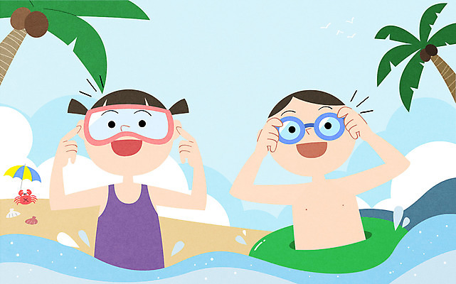 PSD 여자 남자 어린이 바다 일러스트 물놀이 조개 상반신 두명 야자수 게 파라솔 물안경 튜브 어린이만 국내일러스트 나무 놀이 어패류 갑각류 사람 수영용품 파일형식