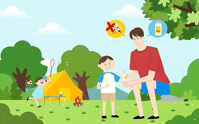 전신 PSD 나무 여자 남자 딸 아들 어린이 일러스트 텐트 성인 세명 야외활동 캠핑 아빠 해충 모닥불 모기 모기약 국내일러스트 식물 가족 불 레저 캠핑도구 사람 벌레 파일형식