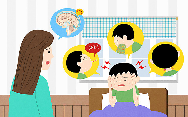 PSD 여자 남자 아들 어린이 일러스트 엄마 상반신 성인 두명 뇌 두통 고열 구토 식은땀 뇌수막염 국내일러스트 모자관계 가족 사람 질병 온도 증상 파일형식