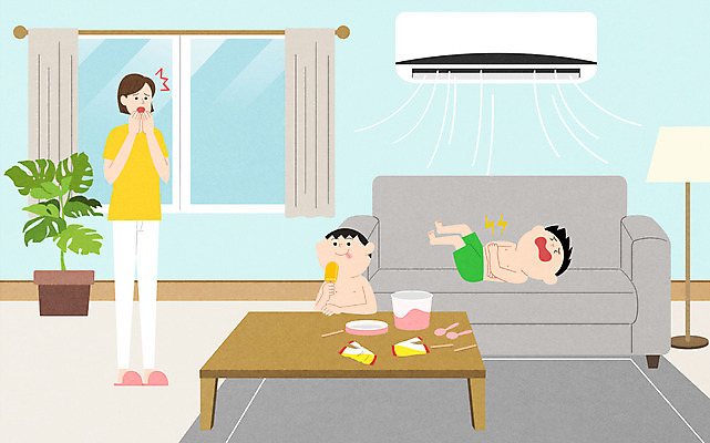 전신 PSD 여자 남자 아들 어린이 일러스트 아이스크림 상반신 성인 세명 추위 에어컨 배탈 냉방병 장염 국내일러스트 가족 디저트 사람 가전제품 질병 파일형식