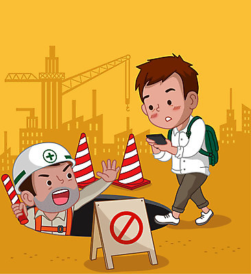 응시 남자 일러스트 들기 사람 성인 두명 스마트폰 노란색 걷기 건설현장 금지 안전모 위험 안전제일 산업재해 하수구 맨홀 주의표지판 칼라콘 통행금지 성인남자만 건설근로자 국내일러스트 AI파일 직업 시설물 시선 산업 컬러 컨셉 모션 건설업 핸드폰 스마트기기 표지판 헬멧 안전장비 재해 남자만 성인만 파일형식 벡터