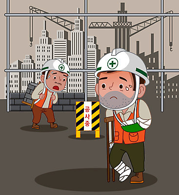 남자 일러스트 벽돌 공사 사람 성인 두명 건물 건설현장 상처 안전모 사건 안전제일 공사중 목발 산업재해 깁스 성인남자만 건설근로자 국내일러스트 AI파일 직업 건축물 산업 의료기기 건설업 의료용품 헬멧 안전장비 재해 남자만 성인만 파일형식 벡터
