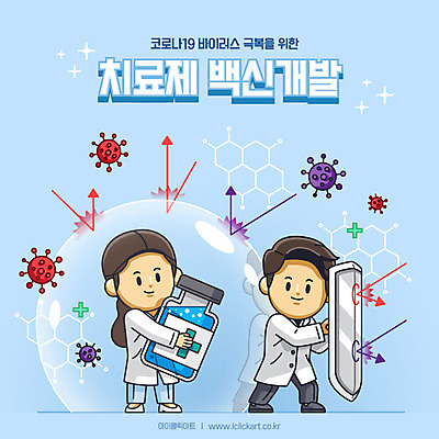 전신 여자 남자 하늘색 일러스트 성인 두명 의료진 수비 바이러스 연구원 방패 개발 백신 치료제 성인만 코로나바이러스 델타변이바이러스 국내일러스트 AI파일 직업 의학 모션 사람 파란색 약 파일형식 벡터