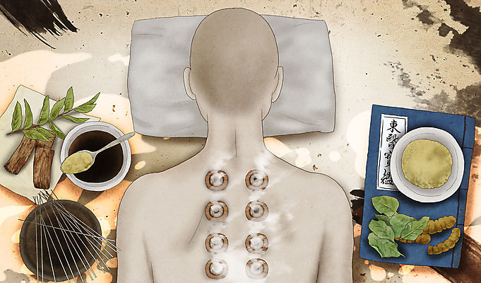 PSD 그릇 접시 남자 일러스트 의학 베개 건강 한명 책 숟가락 한의학 약재 한약재 등 약초 한약 건강식품 침술 느릅나무 동의보감 뜸 베이지색 부항 지황 국내일러스트 나무 식물 1 식기 음식 컬러 침구 수저 사람 신체부위 약 풀_식물 의술서적 파일형식