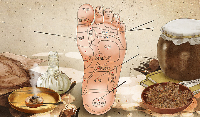 PSD 그릇 접시 일러스트 의학 발 건강 신체부위 갈색 한의학 약재 한약재 약초 한약 발바닥 건강식품 침술 뜸 베이지색 혈자리 탕약기 국내일러스트 식기 음식 컬러 사람 약 풀_식물 파일형식