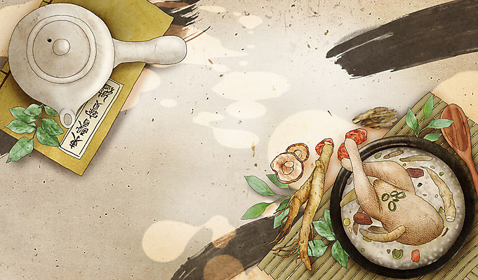 PSD 일러스트 의학 여름음식 건강 사람없음 책 숟가락 버섯 한의학 약재 한약재 인삼 약초 한약 뚝배기 대추 보양식 삼계탕 건강식품 동의보감 베이지색 탕약기 제철음식 국내일러스트 음식 컬러 수저 약 풀_식물 삼 몸보신 의술서적 제철 파일형식 여름_계절