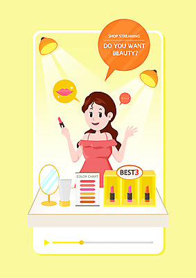 PSD 여자 말풍선 일러스트 모바일 조명 한명 상반신 스마트폰 쇼핑 뷰티 노란색 화장품 거울 립스틱 입술 영상 모바일쇼핑 여자한명만 숍스트리밍 라이브커머스 온택트 스토어 국내일러스트 1 컬러 사람 신체부위 핸드폰 스마트기기 온라인쇼핑 여자만 파일형식
