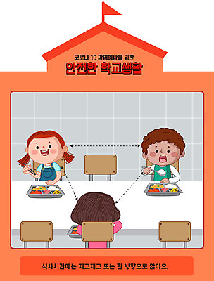 여자 남자 초등학생 어린이 일러스트 학교 초등학교 상반신 세명 스쿨라이프 주황색 식사 안전수칙 점심식사 개학 급식 급식소 매뉴얼 어린이만 코로나바이러스 사회적거리두기 델타변이바이러스 국내일러스트 AI파일 학생 라이프스타일 교육 캠페인 컬러 안전 사람 바이러스 파일형식 벡터