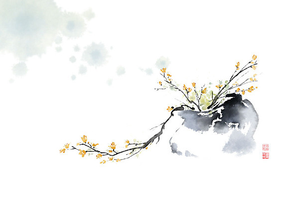 PSD 화분 줄기 일러스트 캘리그라피 붓터치 사람없음 꽃병 봄 번짐 꽃가지 국내일러스트 식물 계절 꽃 나뭇가지 파일형식 효과