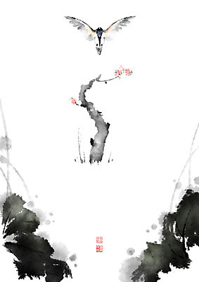 PSD 한마리 꽃 잎 일러스트 캘리그라피 조류 붓터치 풍경 사람없음 나뭇가지 비행 번짐 화조화 국내일러스트 나무 식물 동물 1 동양화 파일형식 효과