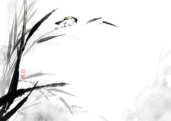 PSD 한마리 잎 일러스트 캘리그라피 조류 붓터치 갈대 풍경 사람없음 번짐 화조화 국내일러스트 식물 동물 1 동양화 파일형식 효과