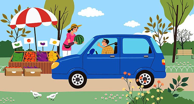 여자 남자 꽃 채소 과일 일러스트 자동차 들기 사람 성인 두명 울타리 판매 운전 구매 상인 성인만 드라이브스루 국내일러스트 AI파일 식물 육상교통 모션 담장 쇼핑 파일형식 벡터