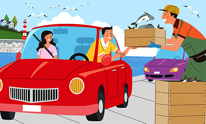 여자 남자 바다 일러스트 자동차 갈매기 주택 등대 어류 사람 성인 세명 상자 운전 구매 상인 주기 방파제 어촌 성인만 드라이브스루 국내일러스트 AI파일 공공시설 육상교통 모션 조류 건물 쇼핑 수중동물 시골 파일형식 벡터