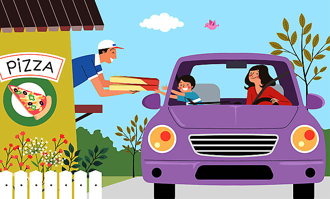 여자 남자 꽃 어린이 음식 일러스트 자동차 조류 간판 피자 사람 성인 세명 울타리 상자 구매 종업원 주기 피자집 드라이브스루 국내일러스트 AI파일 식물 동물 직업 육상교통 모션 패스트푸드 서양음식 담장 쇼핑 상점 파일형식 벡터